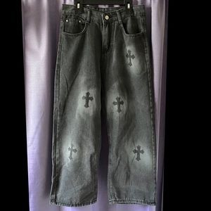 Black dark wash baggy graphic jeans